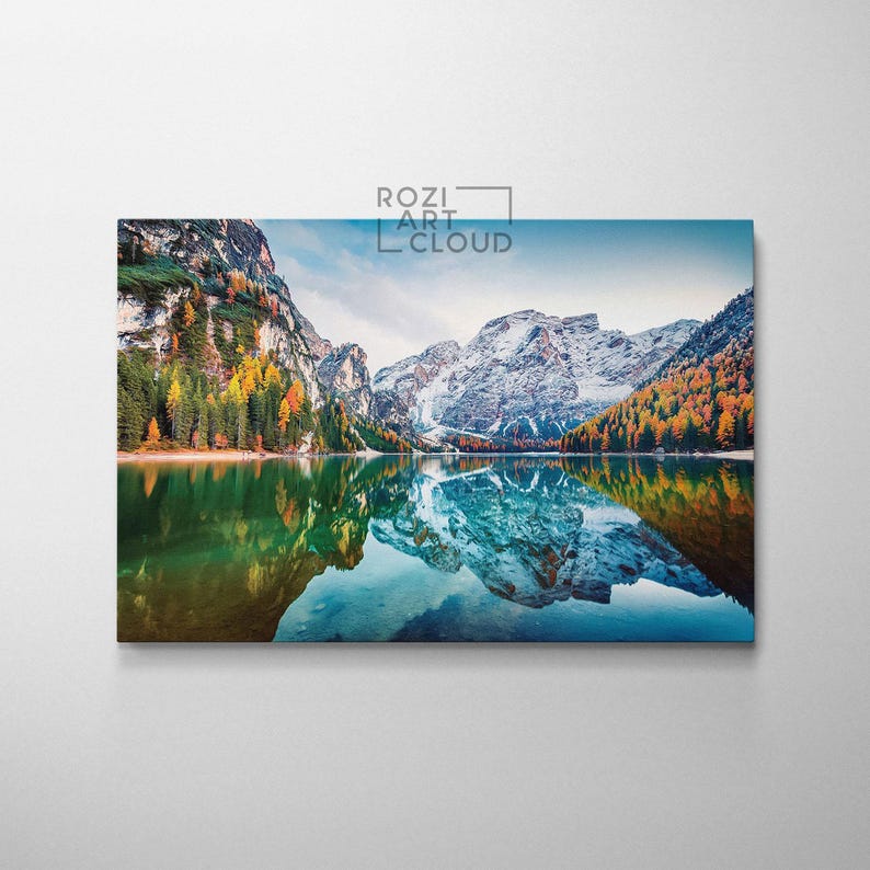 Mountain wall decor, autumn landscape canvas, italy nature art prints, modern contemporary living room decor, lake house decor