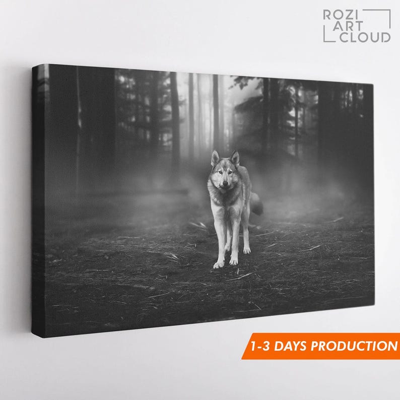 Wolf art prints, animal wall art, black and white canvas, full moon poster prints, modern wall decor for living room, home gifts