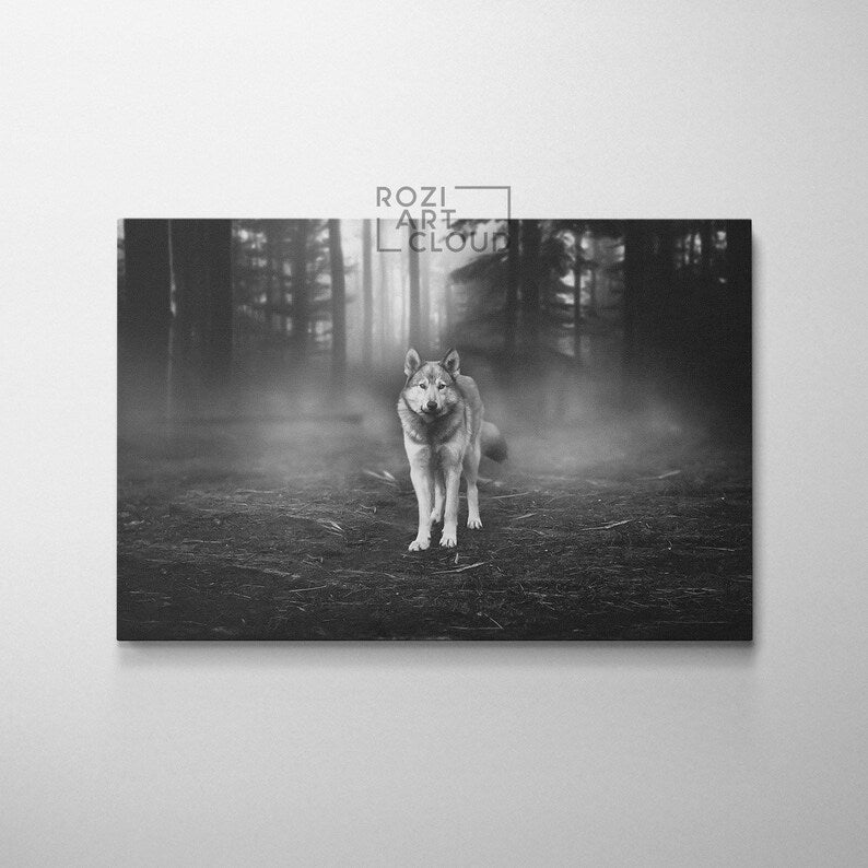 Wolf art prints, animal wall art, black and white canvas, full moon poster prints, modern wall decor for living room, home gifts