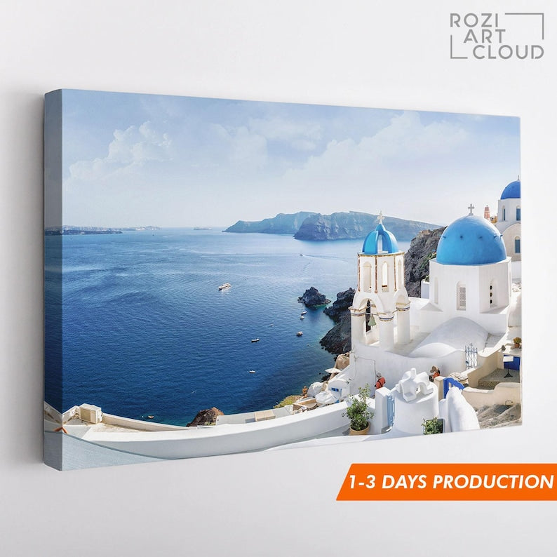 Santorini island wall art, mediterranean sea poster prints, greece modern wall art for living room, architecture art prints