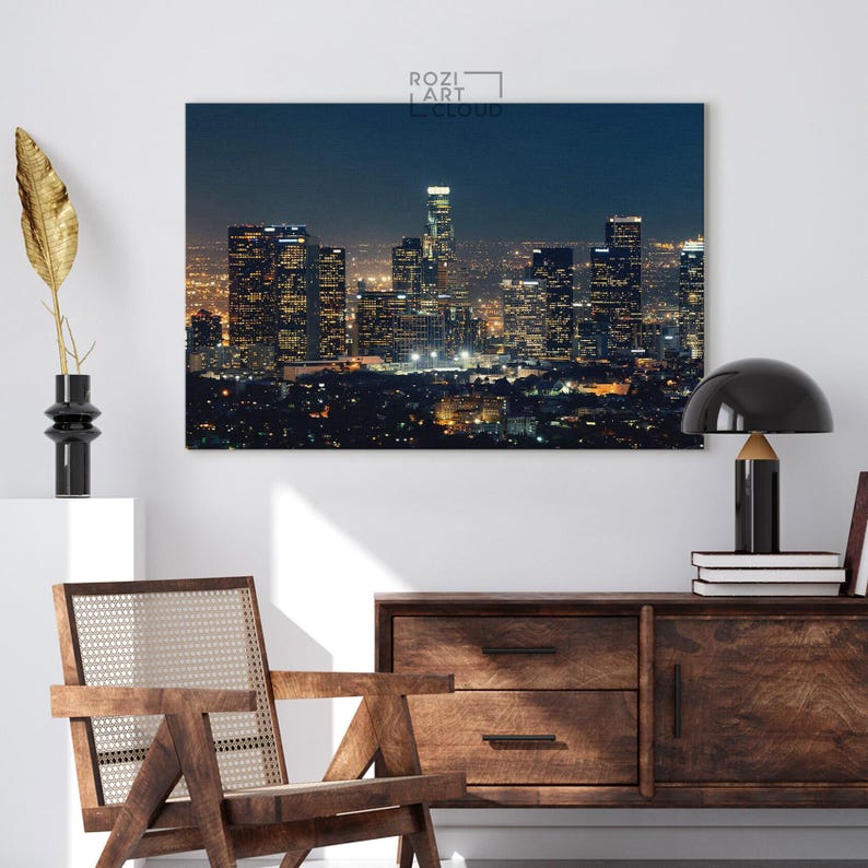 Los angeles skyline wall print for living room, california canvas art, city poster prints, night lights canvas, landscape prints