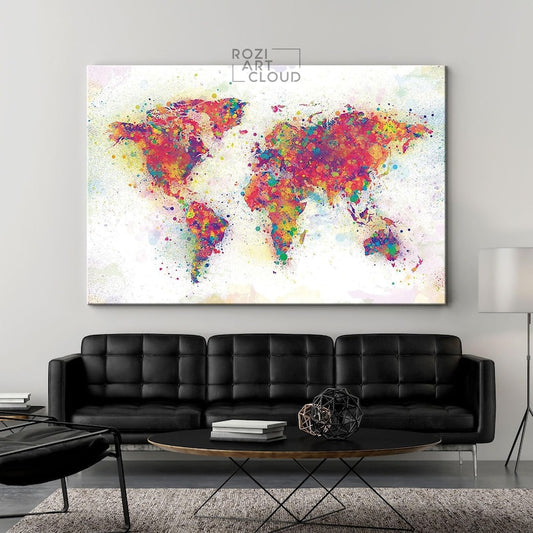 World map wall art, colorful artwork for living room, framed canvas prints, painting on canvas, contemporary art prints, home gift