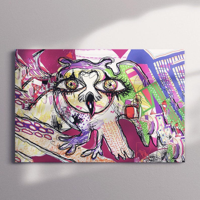 Owl abstract wall art, colorful canvas print, futuristic art print, large modern art, wall decor living room, best friend gifts