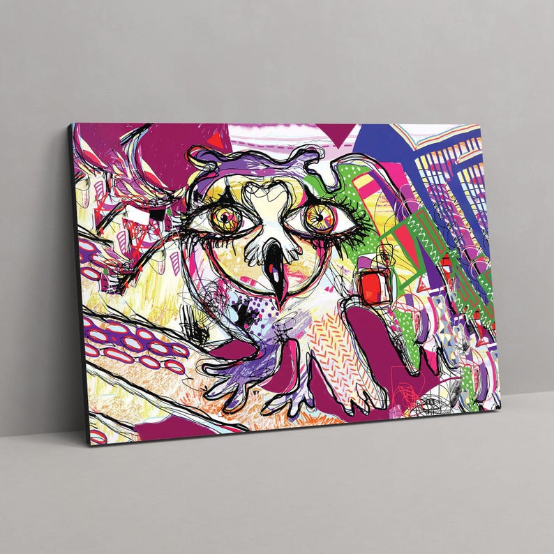 Owl abstract wall art, colorful canvas print, futuristic art print, large modern art, wall decor living room, best friend gifts