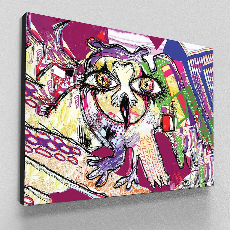 Owl abstract wall art, colorful canvas print, futuristic art print, large modern art, wall decor living room, best friend gifts