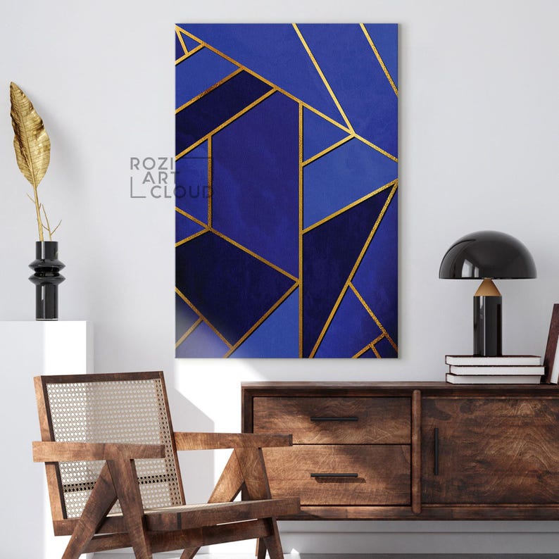Geometric abstract canvas print, blue and gold abstract minimalist wall art framed canvas print, modern poster print home decor