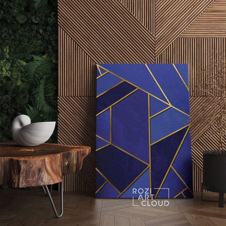 Geometric abstract canvas print, blue and gold abstract minimalist wall art framed canvas print, modern poster print home decor