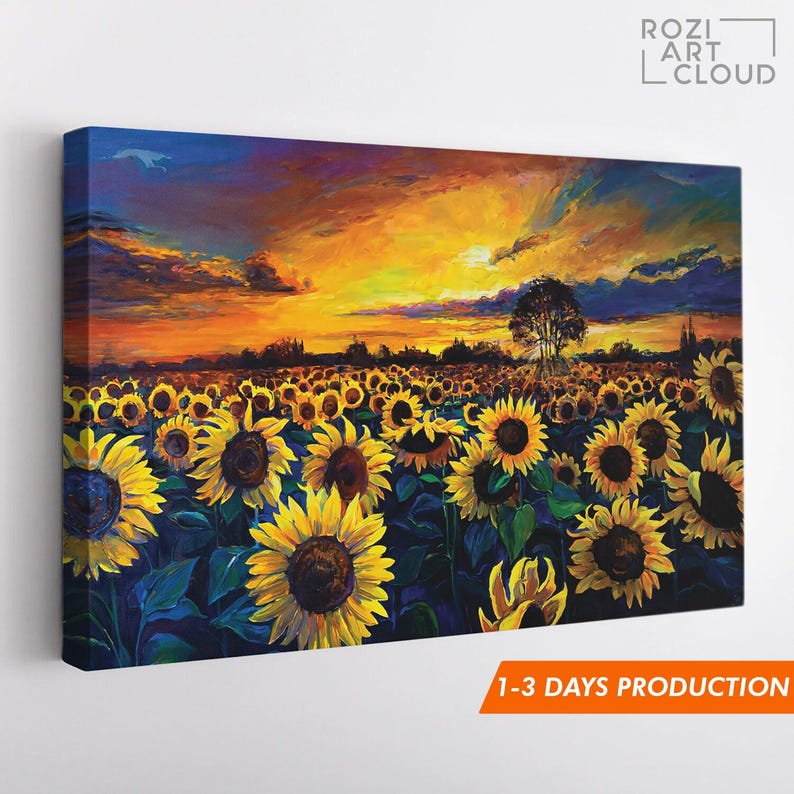 Sunflower decor wall art, sunset art poster, landscape artwork, nature lover gift, large canvas wall art
