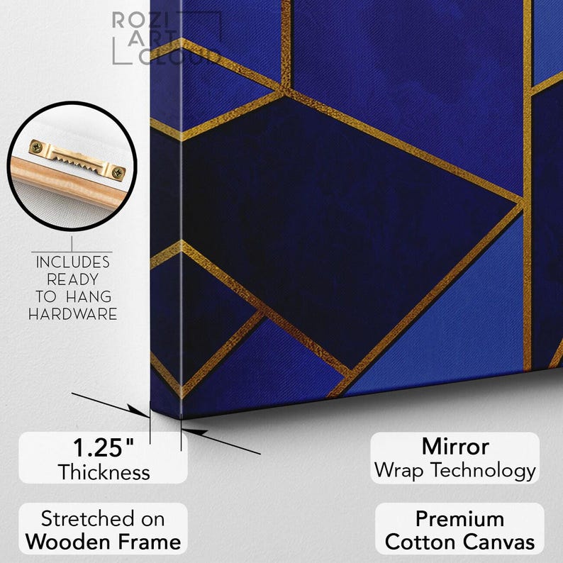 Geometric abstract canvas print, blue and gold abstract minimalist wall art framed canvas print, modern poster print home decor