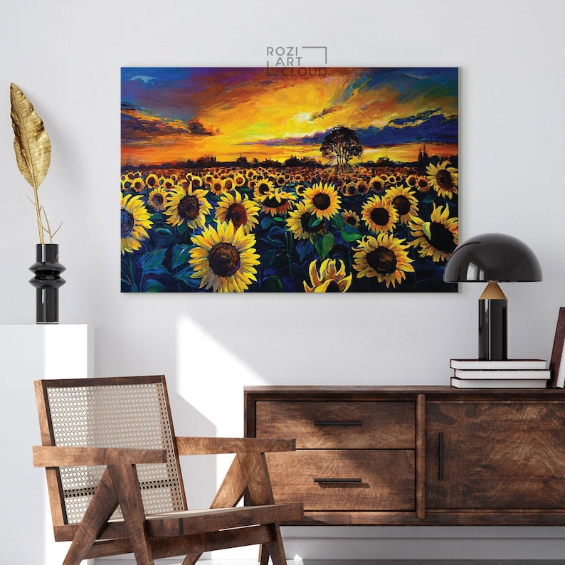 Sunflower decor wall art, sunset art poster, landscape artwork, nature lover gift, large canvas wall art