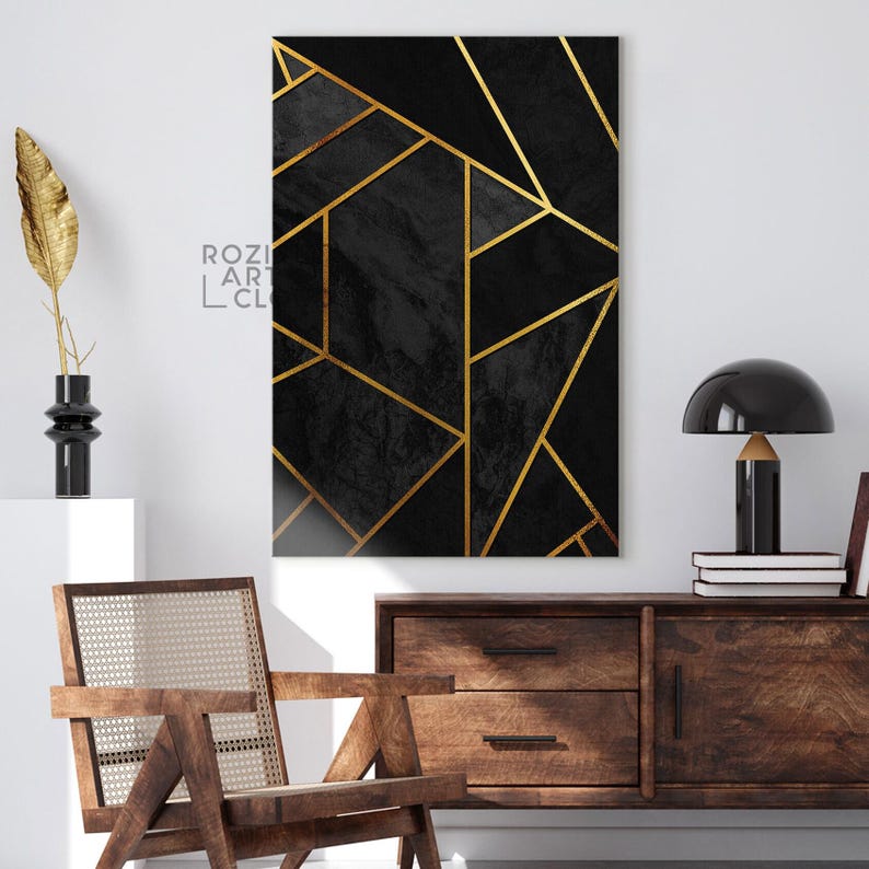 Abstract geometric canvas poster, black and gold abstract minimalist wall art framed canvas print, modern poster print home decor