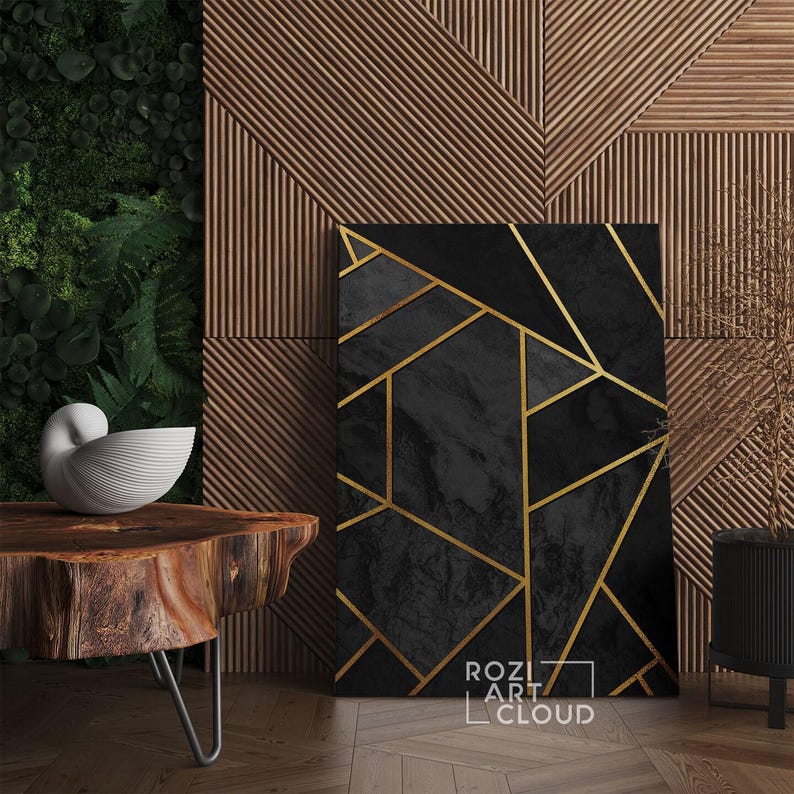 Abstract geometric canvas poster, black and gold abstract minimalist wall art framed canvas print, modern poster print home decor