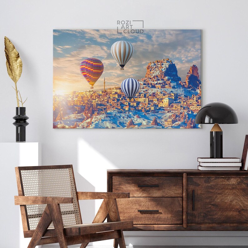 Hot air balloon wall art, sunset art print, large architecture canvas, turkey art prints, bedroom framed art