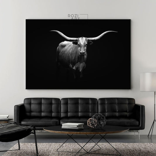 Longhorn cow farmhouse wall art black white, animal canvas prints, wall hanging for living room, cow art prints