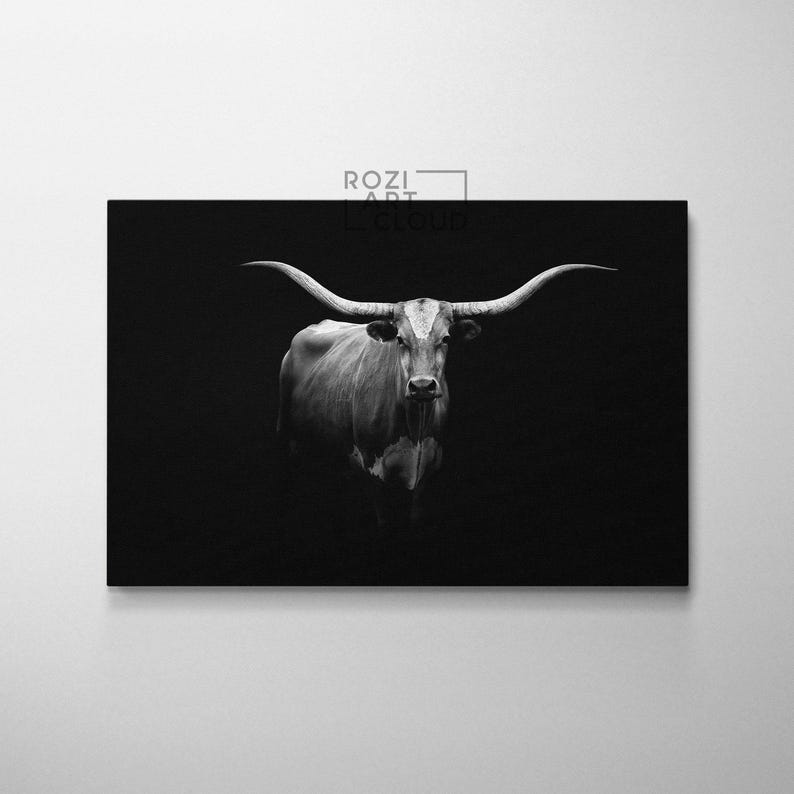 Longhorn cow farmhouse wall art black white, animal canvas prints, wall hanging for living room, cow art prints