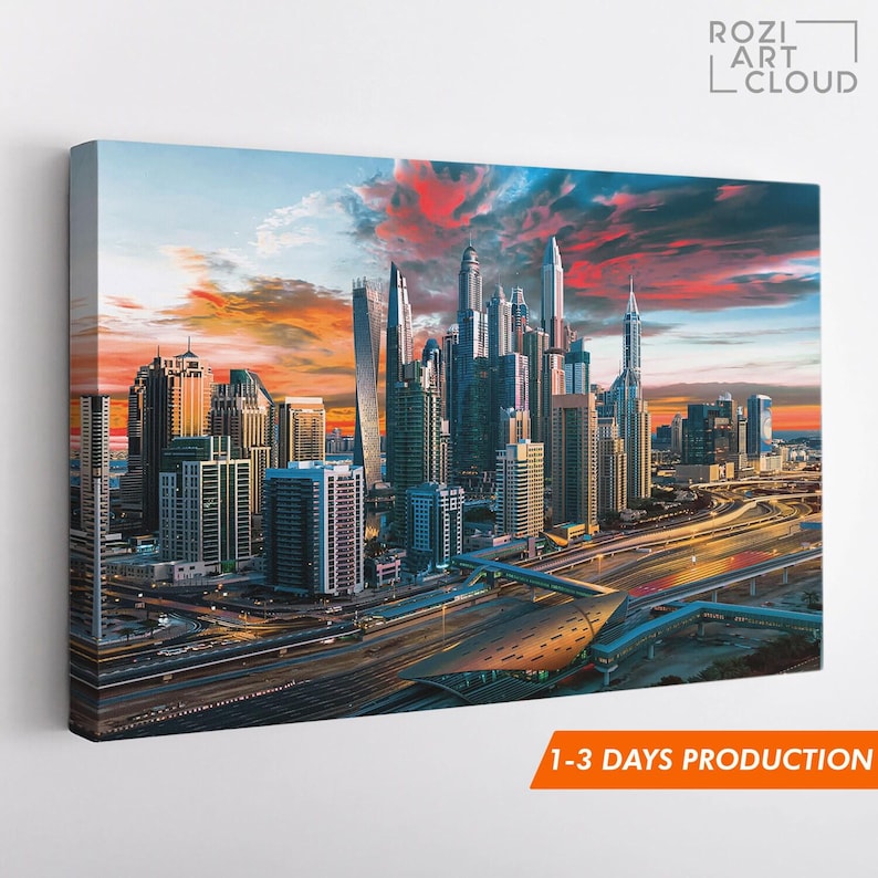 Dubai skyline wall print for living room, emirates canvas art, city poster prints, colorful sunset canvas, landscape prints