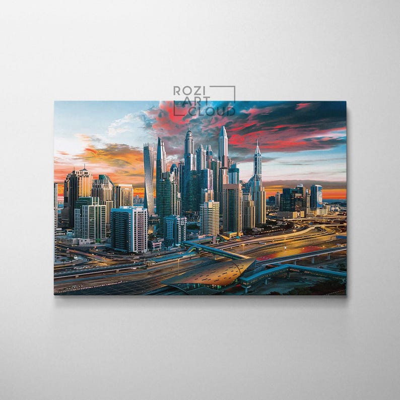 Dubai skyline wall print for living room, emirates canvas art, city poster prints, colorful sunset canvas, landscape prints