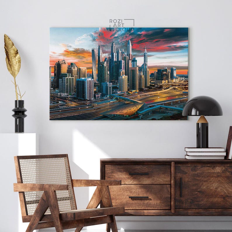 Dubai skyline wall print for living room, emirates canvas art, city poster prints, colorful sunset canvas, landscape prints
