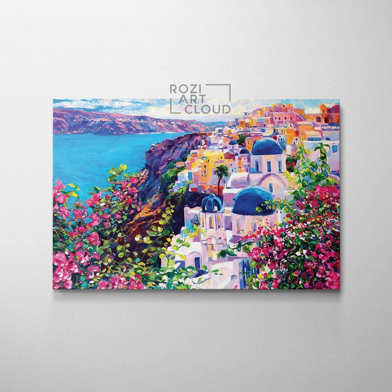 Santorini wall art, painting on canvas, greece modern wall art for living room, contemporary canvas, luxury wall prints, home gift