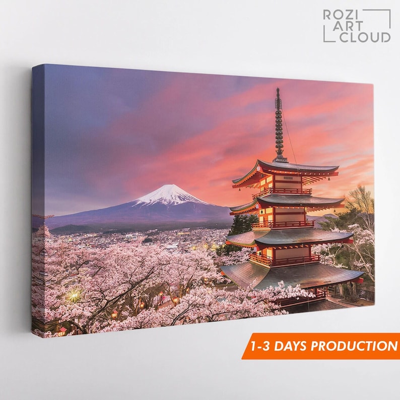 Fuji mountain wall art, japan art prints, cherry blossom canvas, contemporary house interior decor, large modern art, spring decor