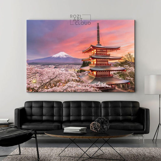 Fuji mountain wall art, japan art prints, cherry blossom canvas, contemporary house interior decor, large modern art, spring decor