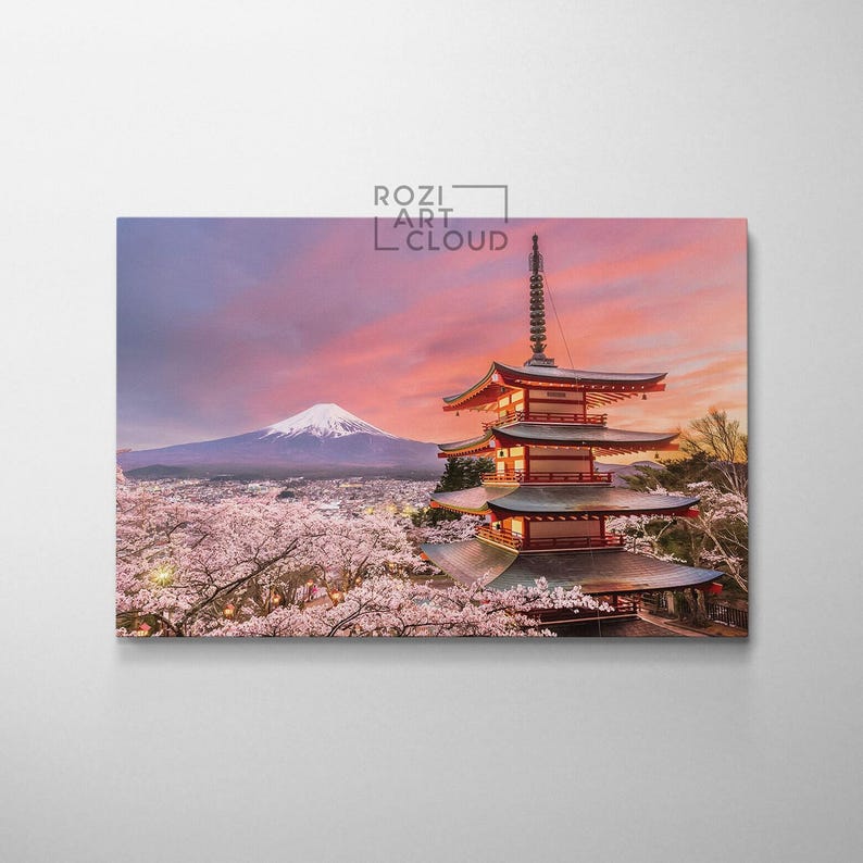 Fuji mountain wall art, japan art prints, cherry blossom canvas, contemporary house interior decor, large modern art, spring decor