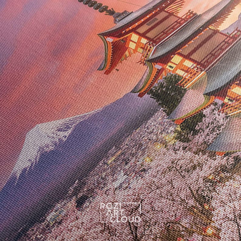 Fuji mountain wall art, japan art prints, cherry blossom canvas, contemporary house interior decor, large modern art, spring decor