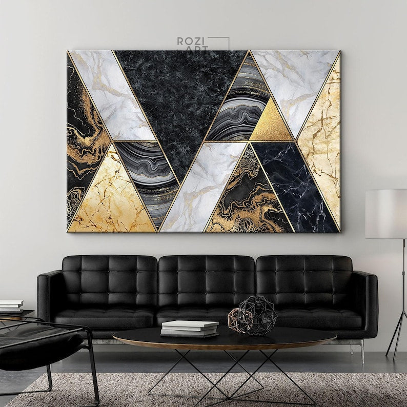 Black and gold wall art, abstract marble canvas art, artwork for living room, contemporary art prints, large modern art, home gift
