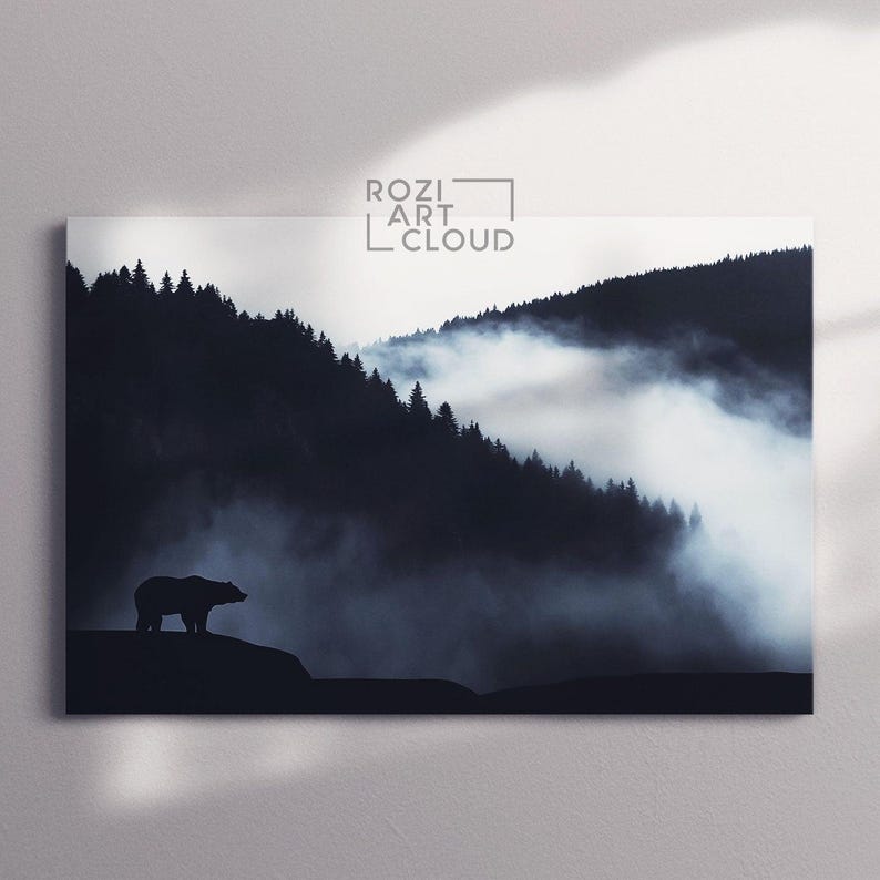 Misty mountain forest bear wall art canvas print, animal nature scene in black and white, modern decor for living room & office