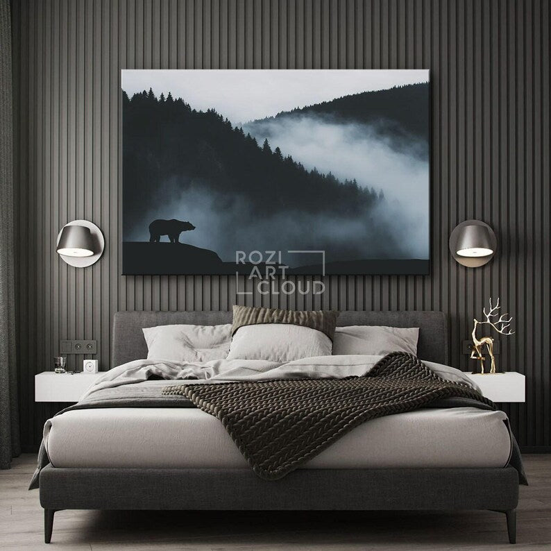 Misty mountain forest bear wall art canvas print, animal nature scene in black and white, modern decor for living room & office