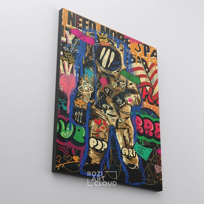 Astronaut pop art prints, graffiti wall art. banksy canvas art, colorful street art printables, man cave decor poster
