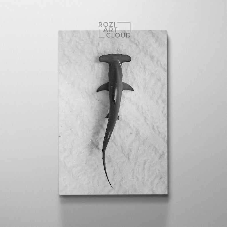 Hammerhead shark art prints, ocean canvas art, fish poster print, black and white canvas, large modern art, wall decor living room