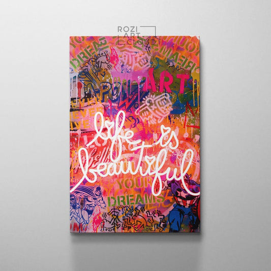 Banksy street art, trendy graffiti wall art canvas print, modern pop art, quote life is good neon sign