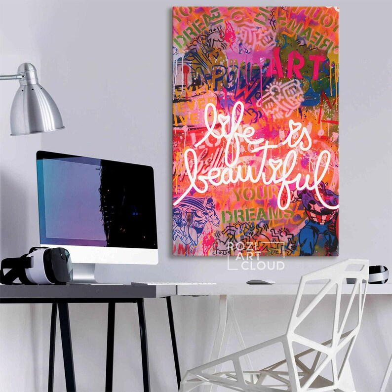 Banksy street art, trendy graffiti wall art canvas print, modern pop art, quote life is good neon sign