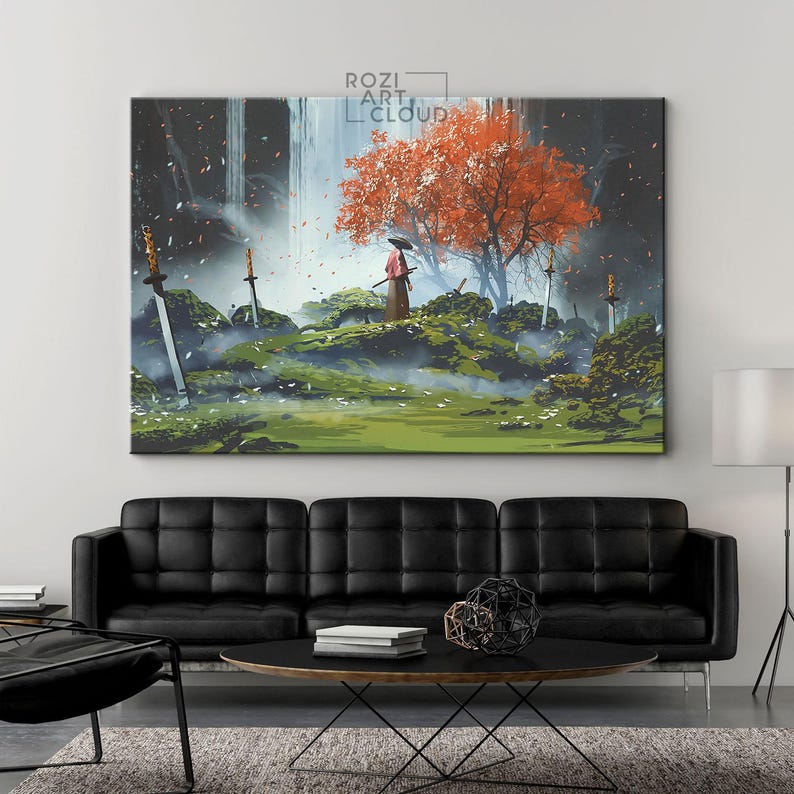Japanese samurai wall art, nature art prints, modern wall art for living room, landscape canvas prints, best friend gifts