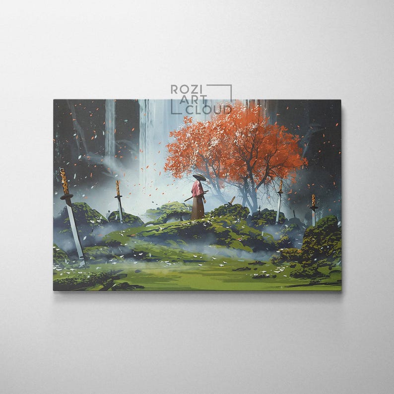Japanese samurai wall art, nature art prints, modern wall art for living room, landscape canvas prints, best friend gifts