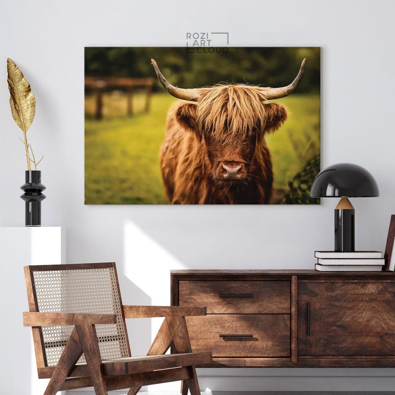 Scottish highland cow wall art, farmhouse style artwork, animal canvas prints, wall hanging for living room, nature art prints