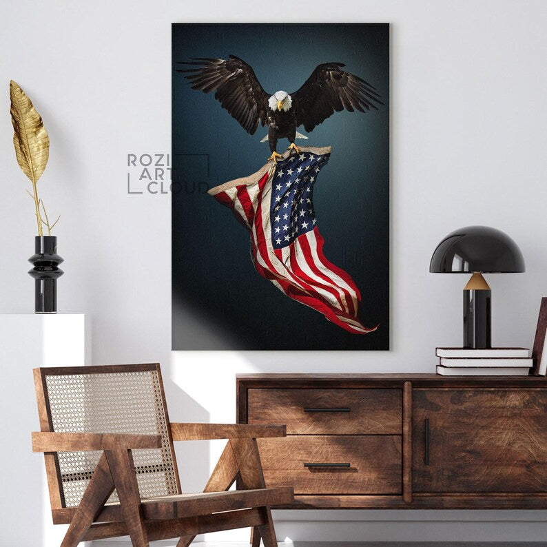 American eagle wall art, usa flag art prints, modern wall art for living room, home office wall decoration, animal poster prints