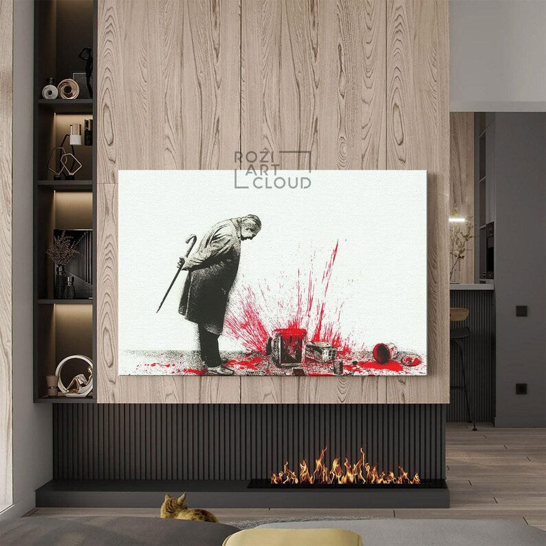 Black and white wall art, graffiti street art canvas, red art prints, contemporary canvas, modern interior decor, artwork for living room