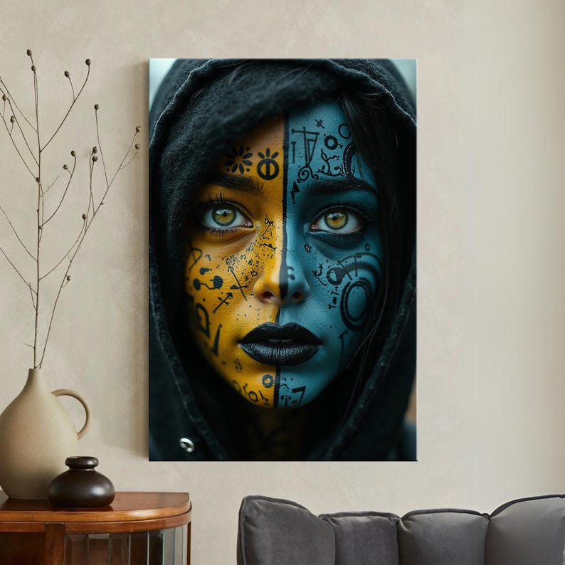 Witchy Woman Art Canvas Print, Gothic Fantasy Portrait with Mystical Symbols, Dark Moody Blue and Yellow Wall Decor