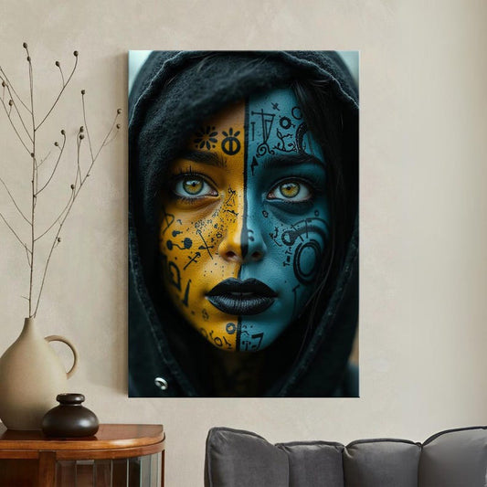 Witchy Woman Art Canvas Print, Gothic Fantasy Portrait with Mystical Symbols, Dark Moody Blue and Yellow Wall Decor
