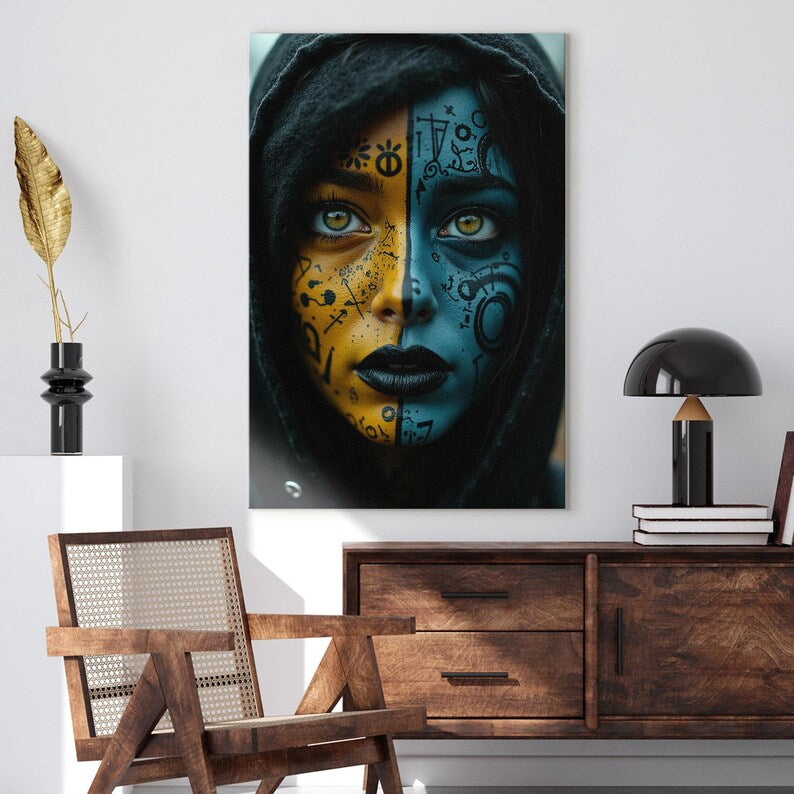 Witchy Woman Art Canvas Print, Gothic Fantasy Portrait with Mystical Symbols, Dark Moody Blue and Yellow Wall Decor