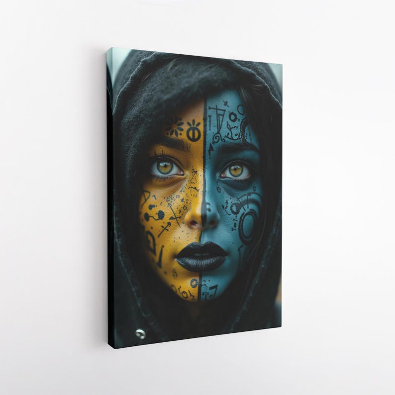 Witchy Woman Art Canvas Print, Gothic Fantasy Portrait with Mystical Symbols, Dark Moody Blue and Yellow Wall Decor