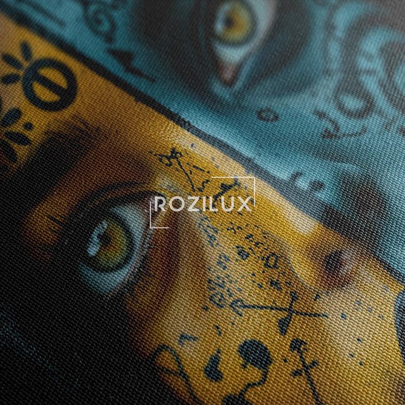 Witchy Woman Art Canvas Print, Gothic Fantasy Portrait with Mystical Symbols, Dark Moody Blue and Yellow Wall Decor