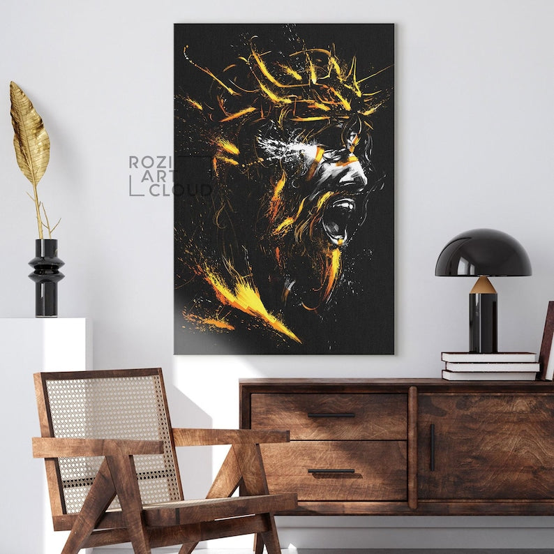 Jesus portrait illustration, christian wall art, man cave decor, black and gold poster prints, modern wall art for living room