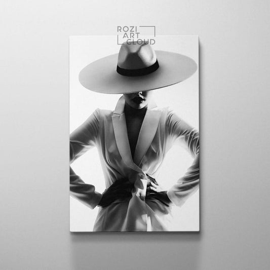 Black woman wall art, classic suit poster prints, fashion artwork for living room, black and white art prints, large modern art