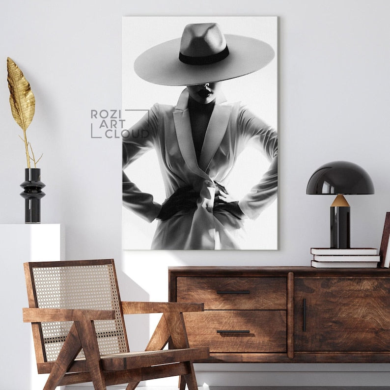Black woman wall art, classic suit poster prints, fashion artwork for living room, black and white art prints, large modern art
