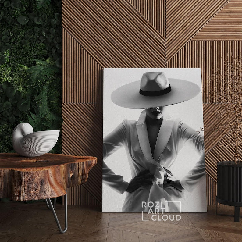 Black woman wall art, classic suit poster prints, fashion artwork for living room, black and white art prints, large modern art