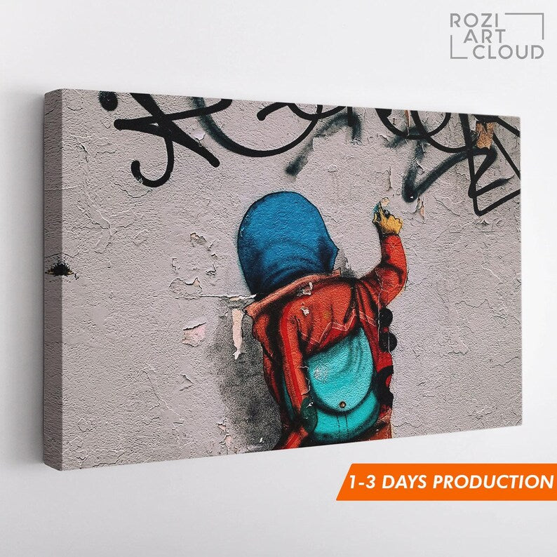 Banksy wall art poster print, trendy graffiti street art canvas decor, large modern art aesthetic for living room & bathroom
