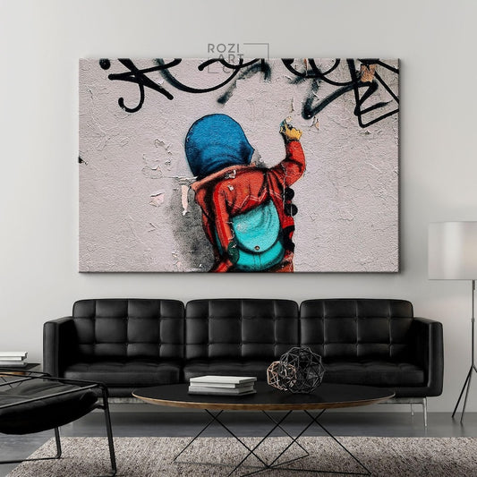 Banksy wall art poster print, trendy graffiti street art canvas decor, large modern art aesthetic for living room & bathroom